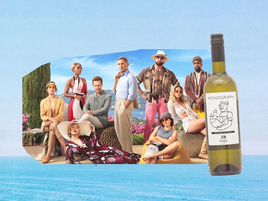 Characters from Glass Onion and Greek white wine assyrtiko