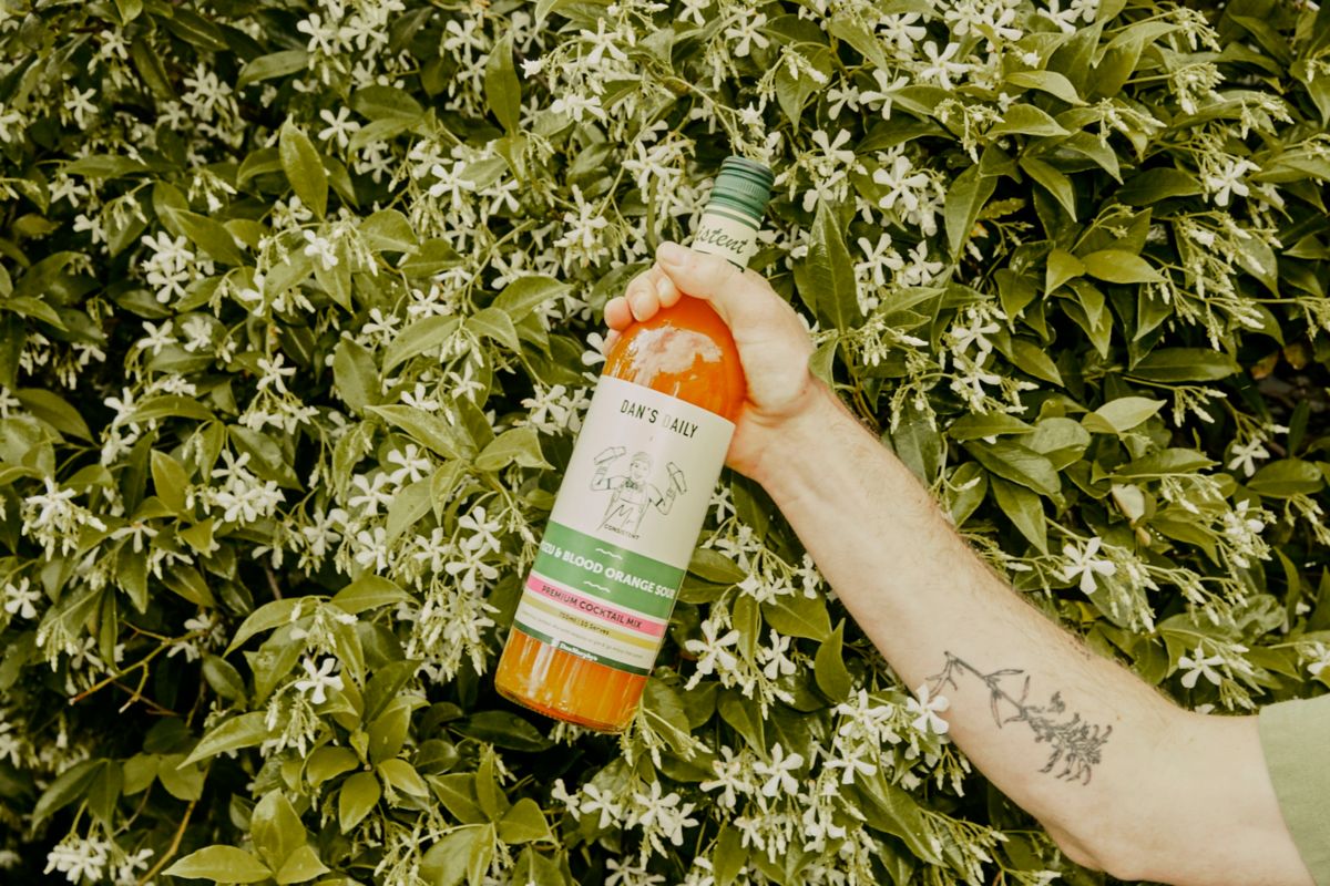 Bottle of Dan's Daily x Mr. Consistent Yuzu & Blood Orange Sour in the garden