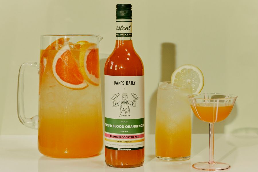 Bottle of Yuzu & Blood Orange Sour with punch version, G&T and classic sour serve