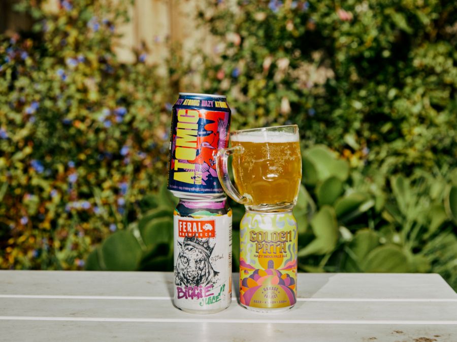 Cans of IPA with a handle of beer