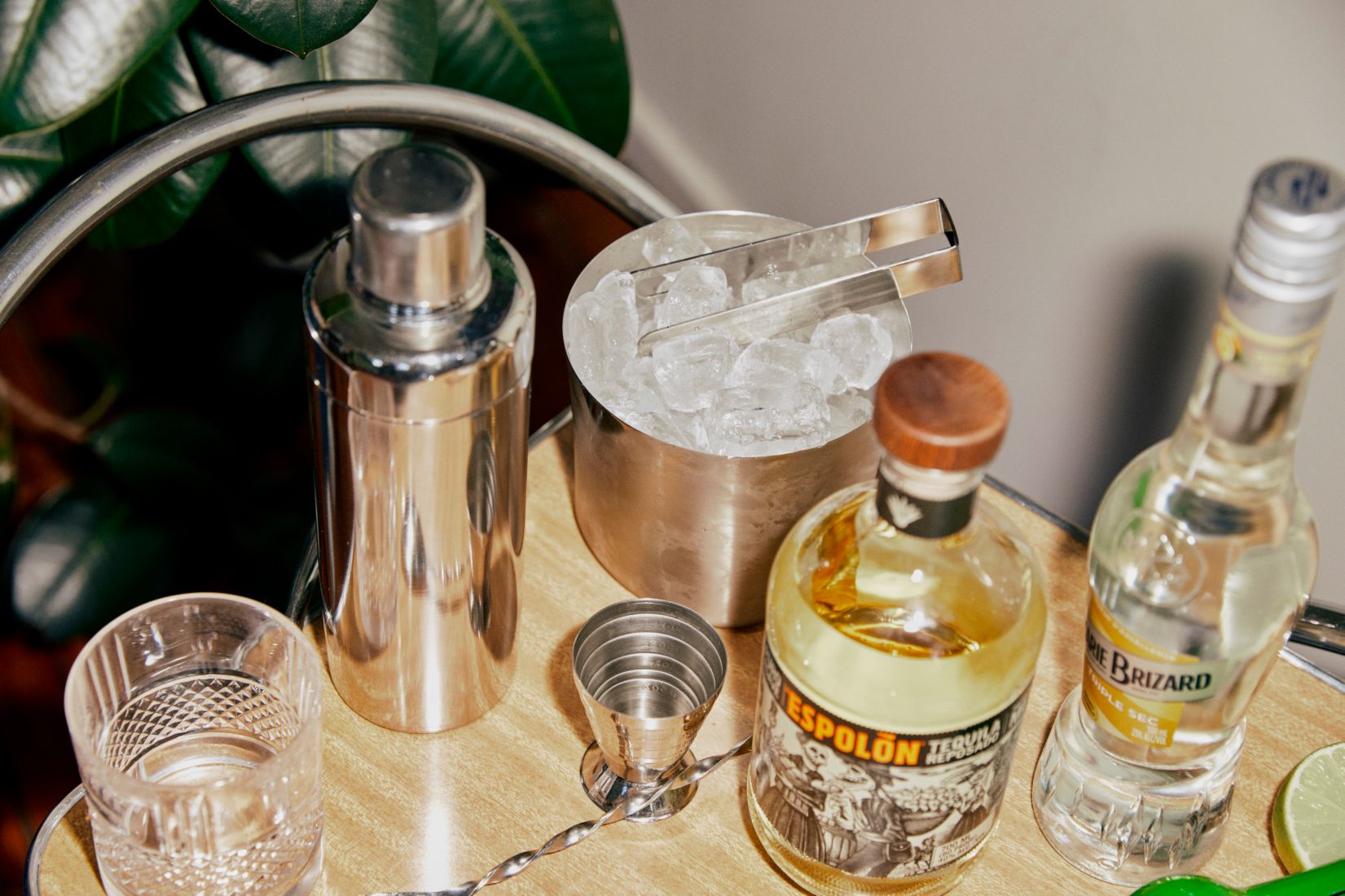 Espolon Tequila and Marie Brizard liqueur on a bar cart