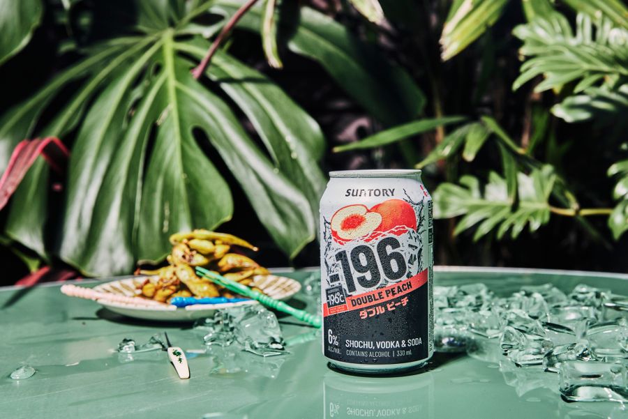 Suntory 196 Double Peach can with edamame snack