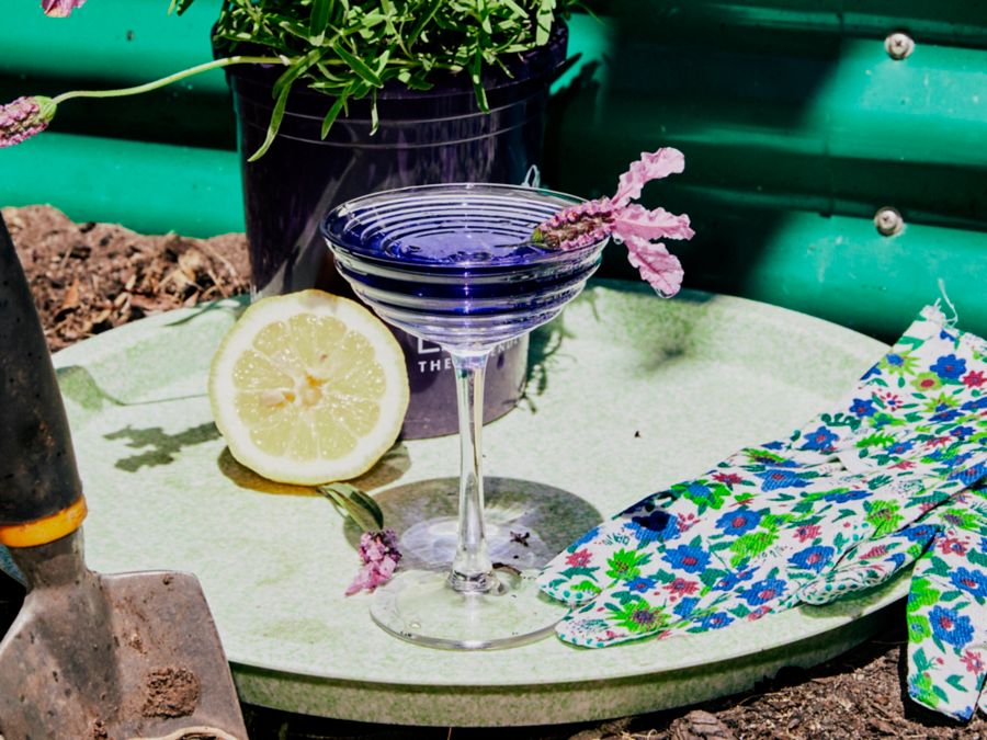 A cocktail garnished with lavender