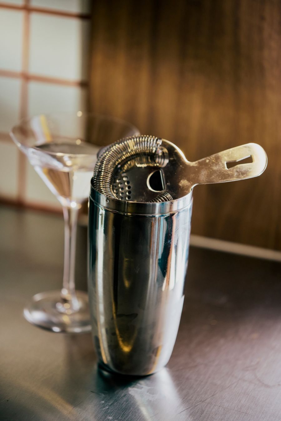 Cocktail strainer and martini glass