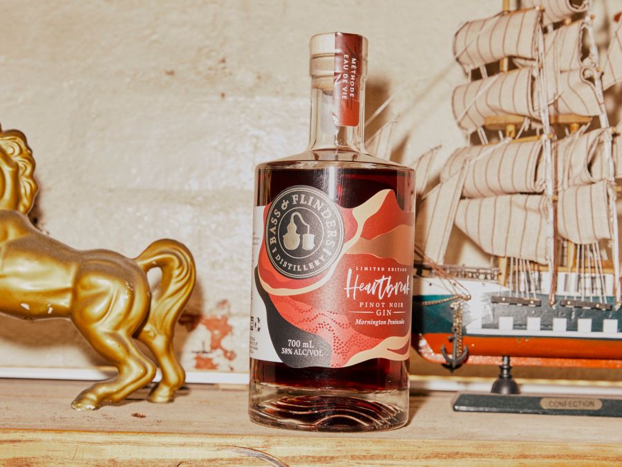 A bottle of the Bass & Flinders Heartbreak Pinot Noir Gin 
