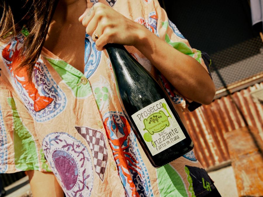 Holding a bottle of the Vigneti del Sole Prosecco Frizzante