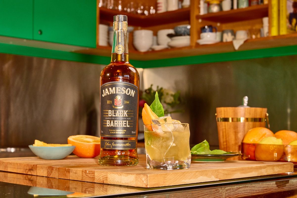 A bottle of Jameson Black Barrel Whiskey and Shutterbug cocktail