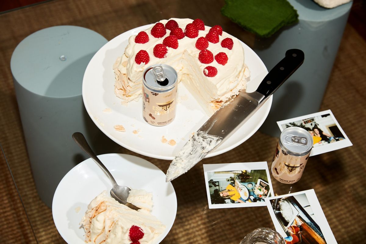 Pavlova with espresso martini cans