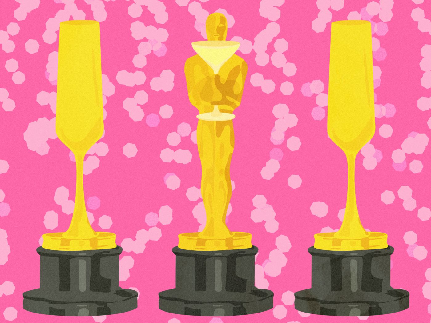 An illustration of glasses and an Oscar with a bright pink background