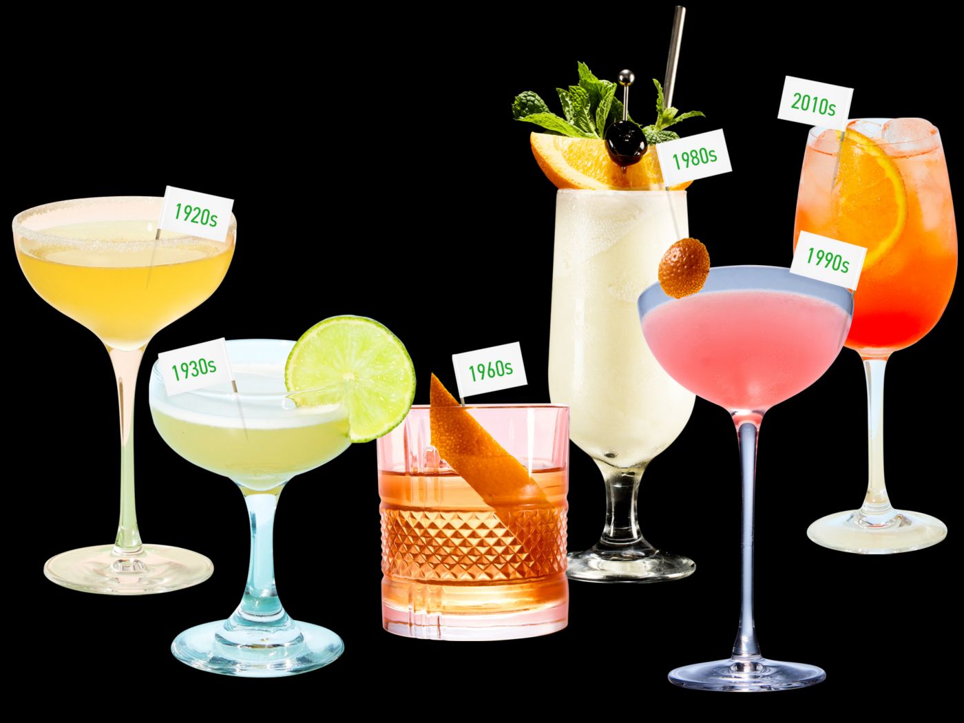 Six classic cocktails that defined certain decades against a black background