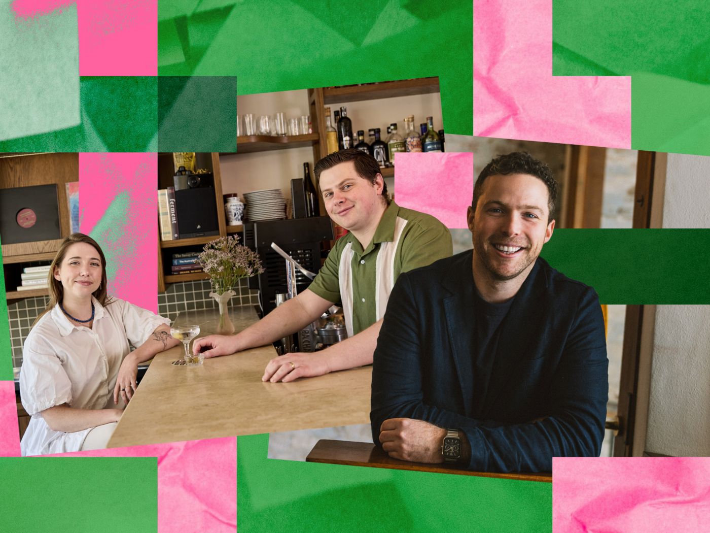 Three top hospitality personalities against an illustrated background