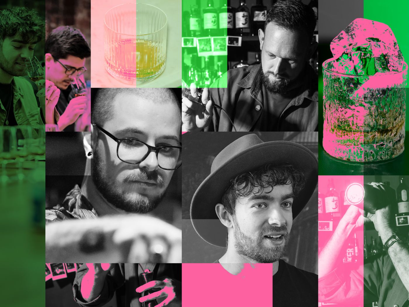 Three bartenders in action against an illustrated background