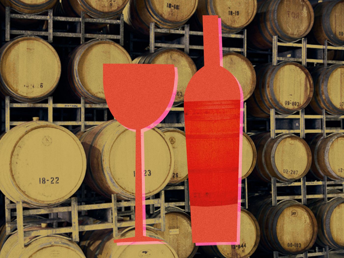 An illustrated wine glass and bottle against a wall of oak barrels 