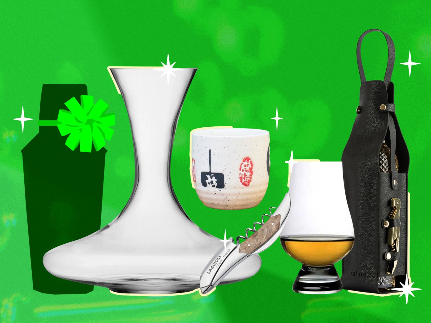 A selection of barware against a festive green illustrated background 
