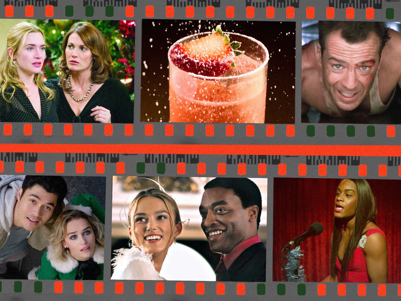 A montage of five classic Christmas movies on an illustrated background 