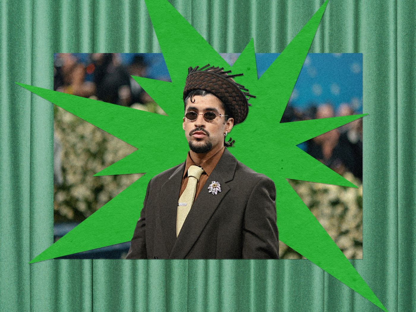 Award-winning artist Bad Bunny on a green illustrated background 