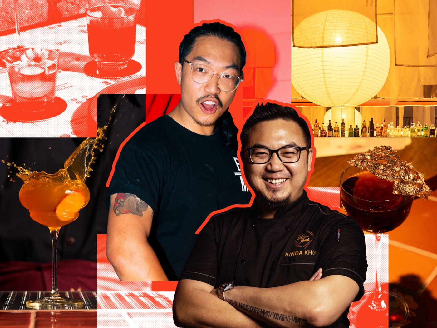 Restaurateurs Steven Chan and Junda Khoo against a red background   