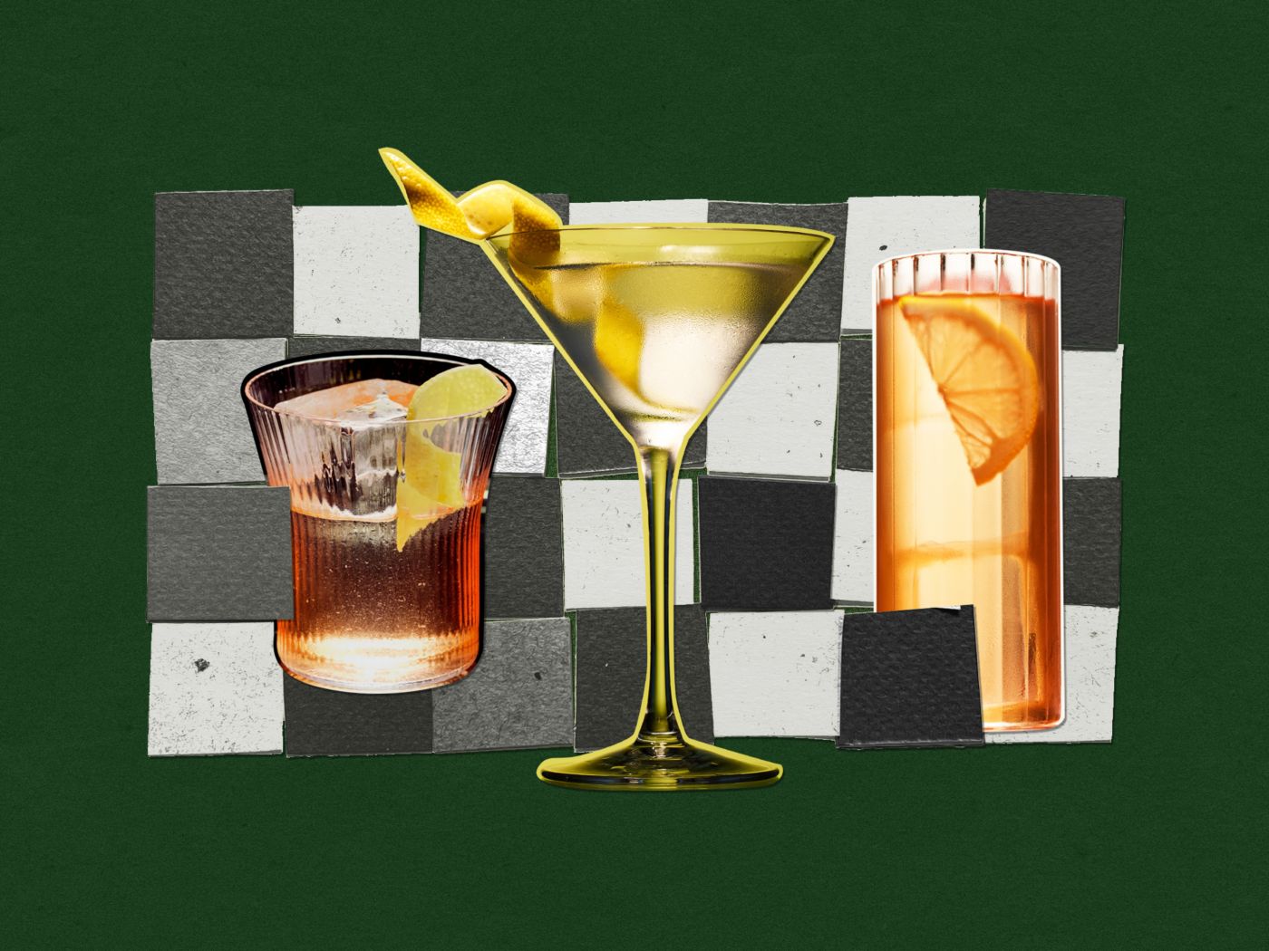 Three different cocktails against the F1 checked flag on a green background