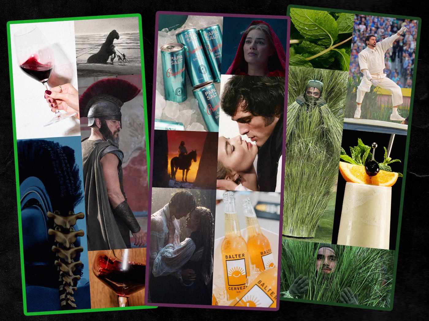A montage of scenes from films and drinks 
