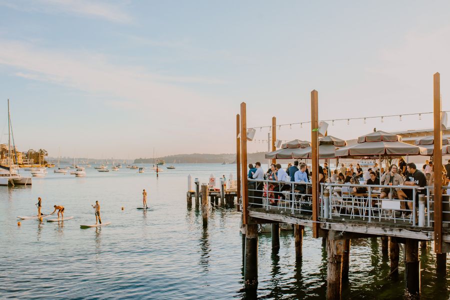 The deck area at Felons Manly overlooking the wharf
