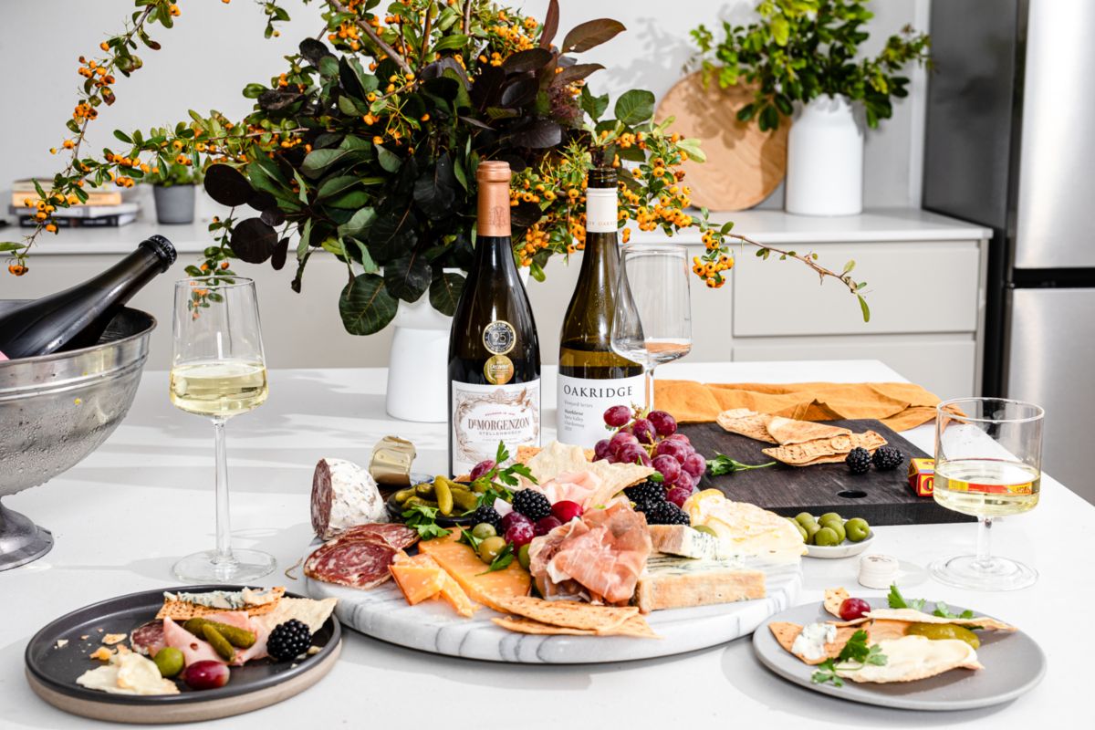 Dinner and wine on a table