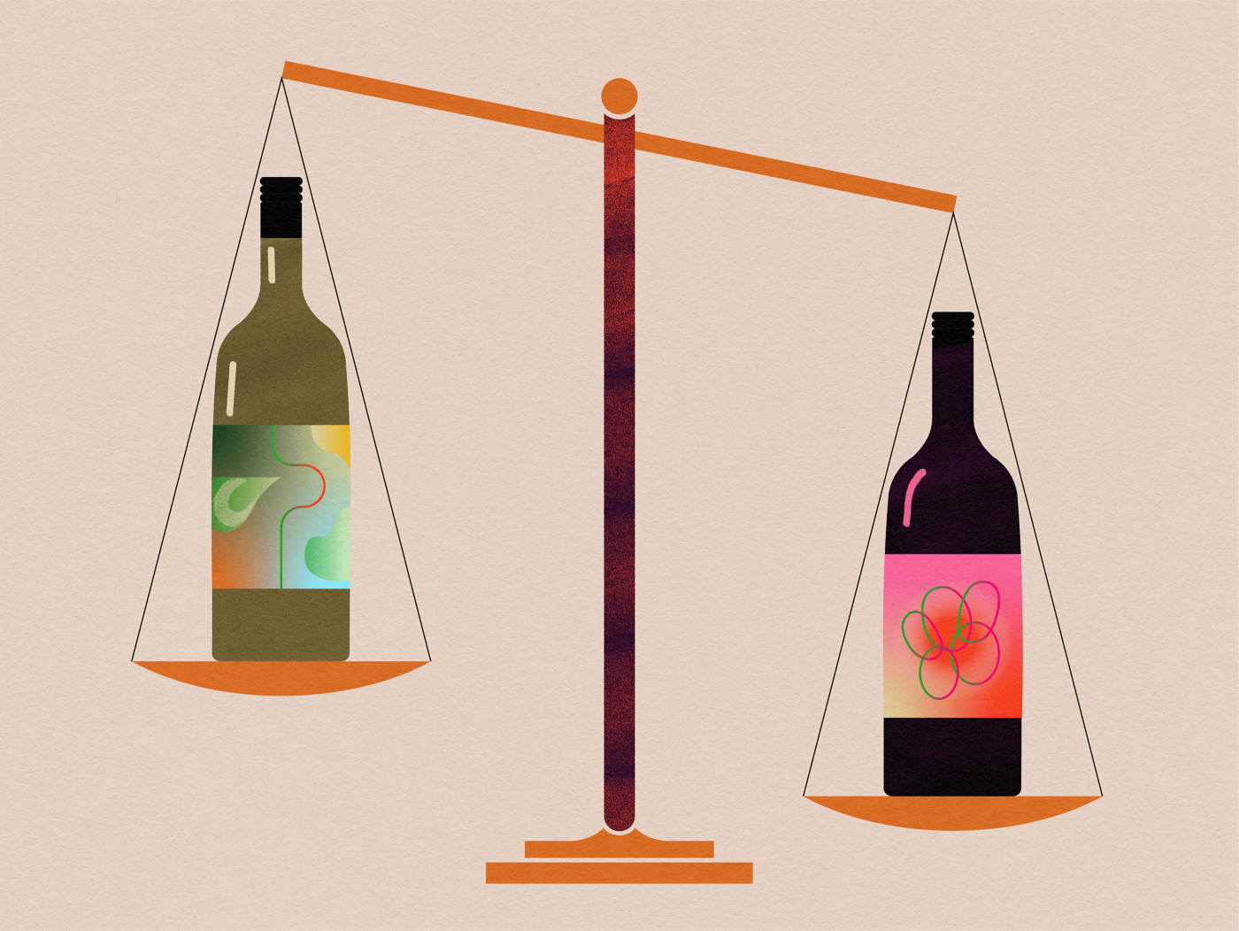 An illustration of two bottles of wine on a scale