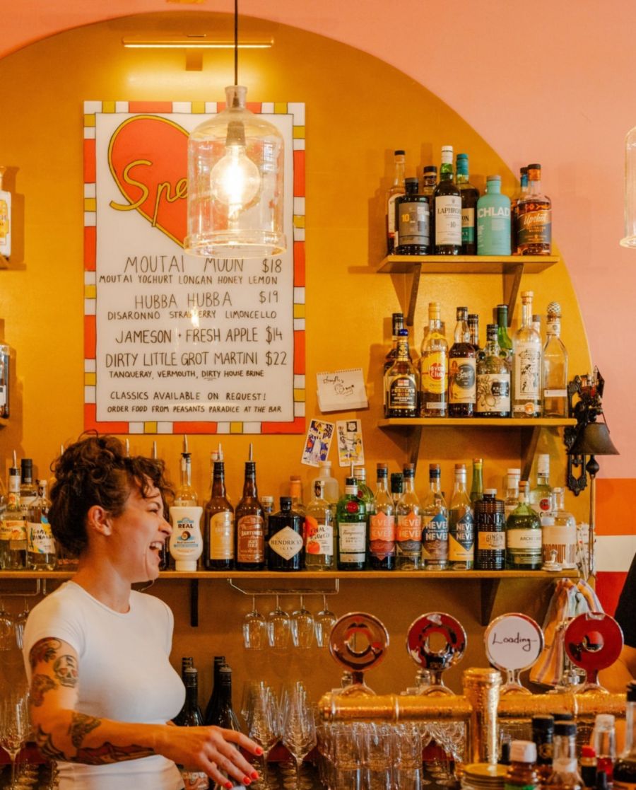 The bar and fun colour scheme at Bar Love, Perth