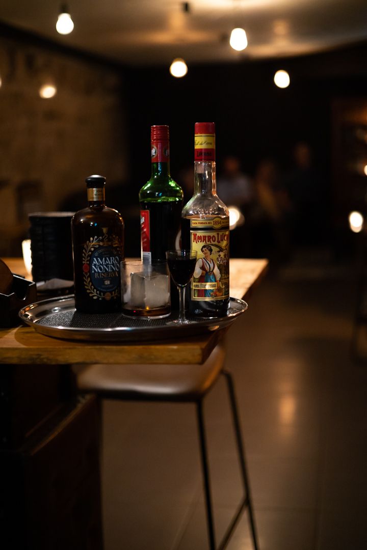 Italian style amari liqueurs on a table