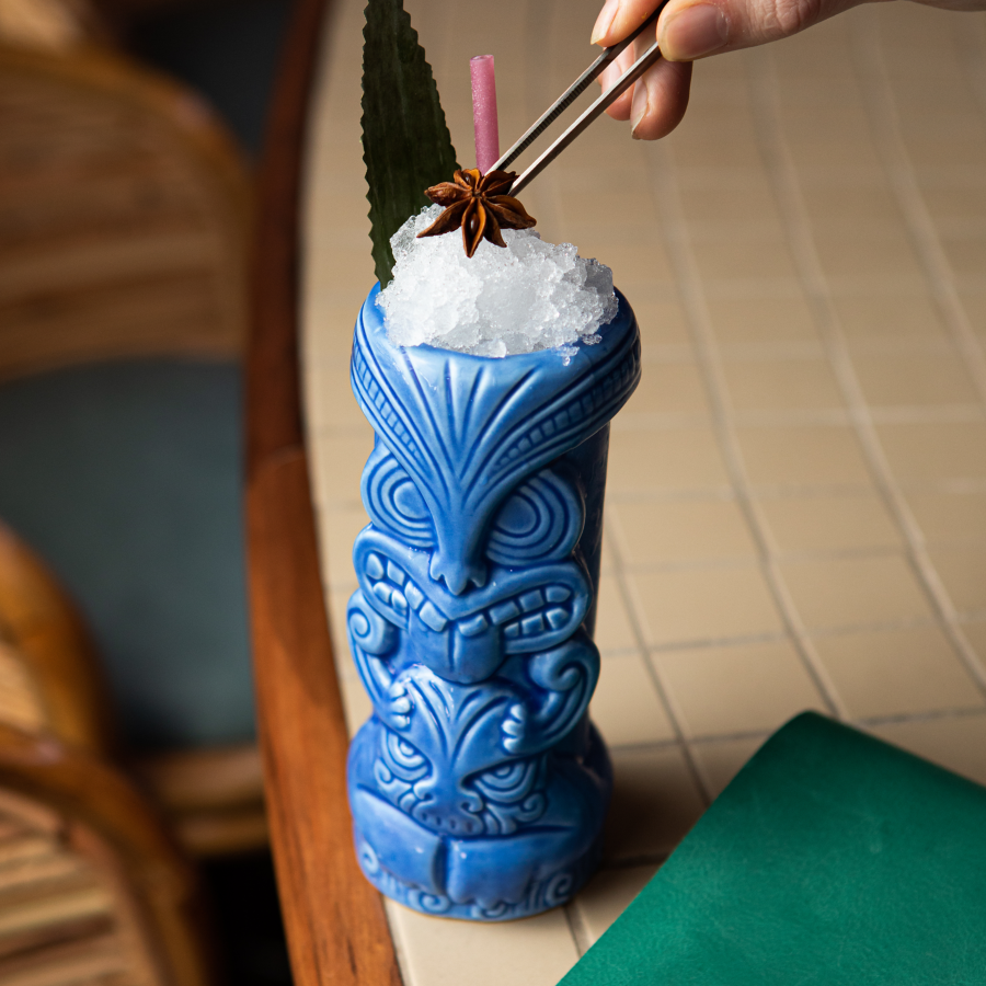 A cocktail served in a tiki cup at Casa Chow