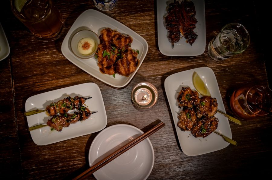 A selection of snacks at Tokyo Bird, including yakitori