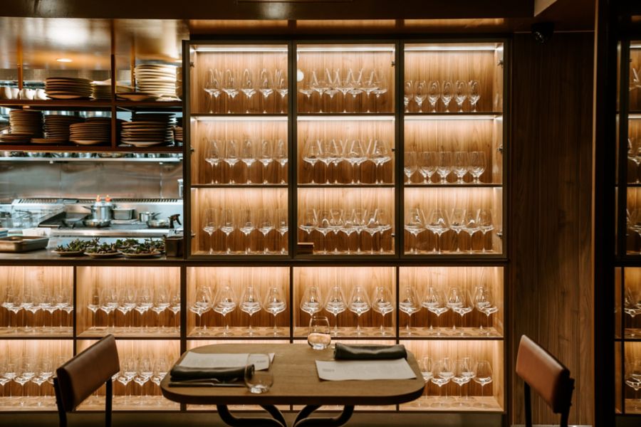 Wine glasses  on display at Circle Wine Room, Melbourne.