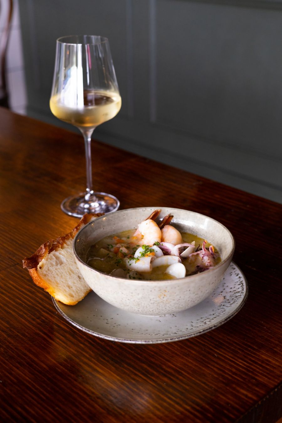 Soup and wine at Wine and Larder