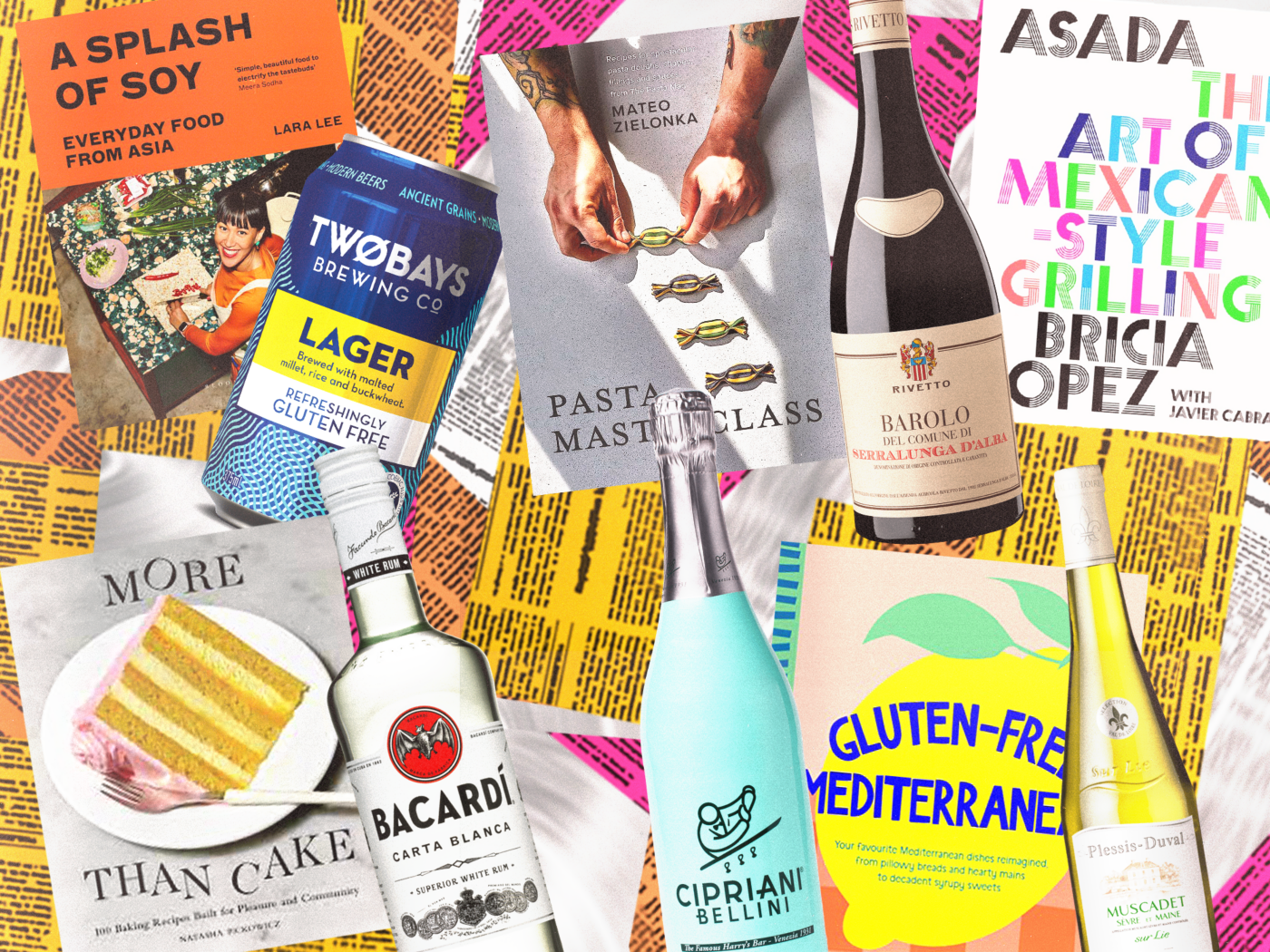 An illustration of cookbooks with drinks to enjoy with them