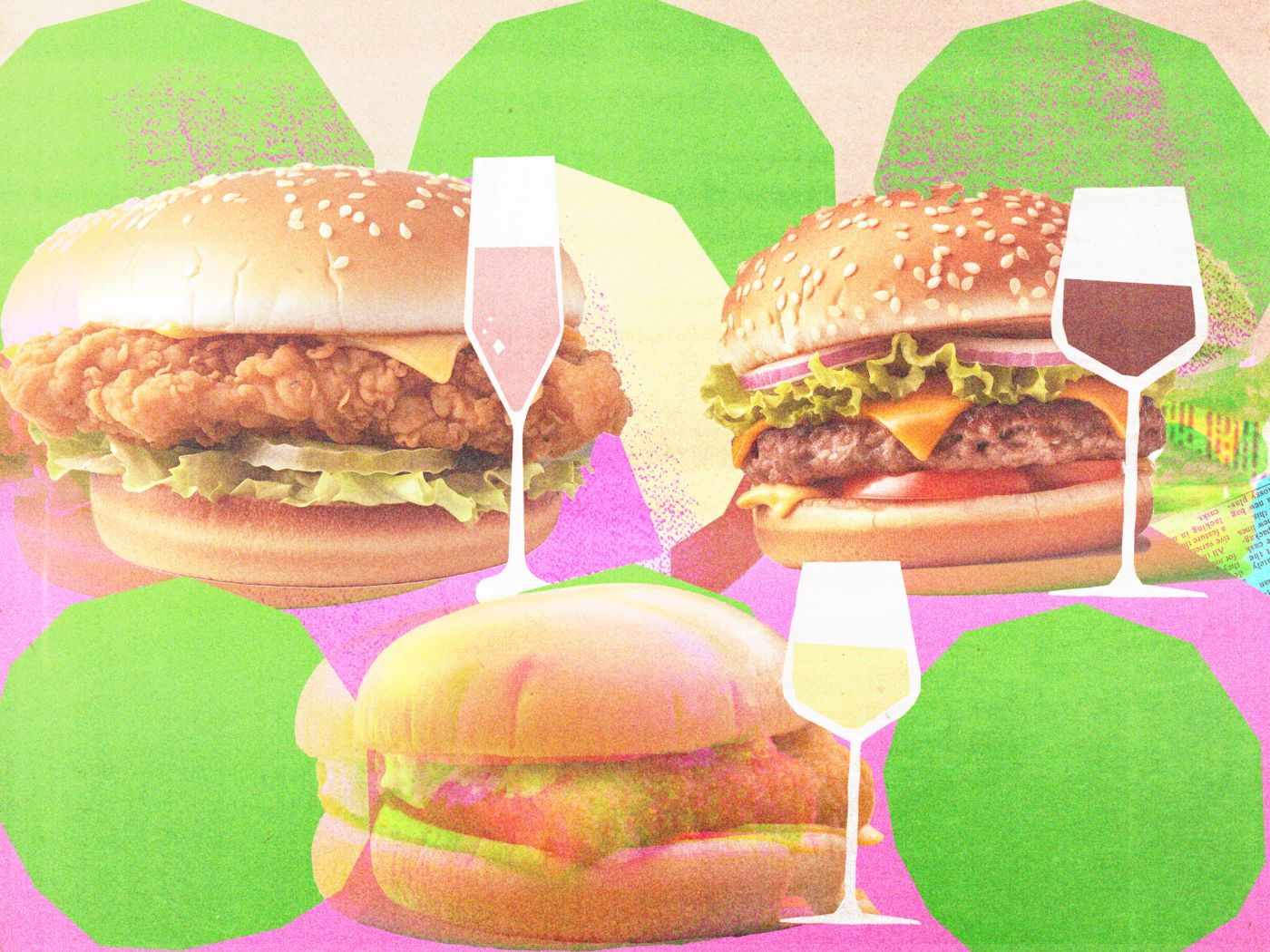 Fast-food chain burgers with glasses of wine 