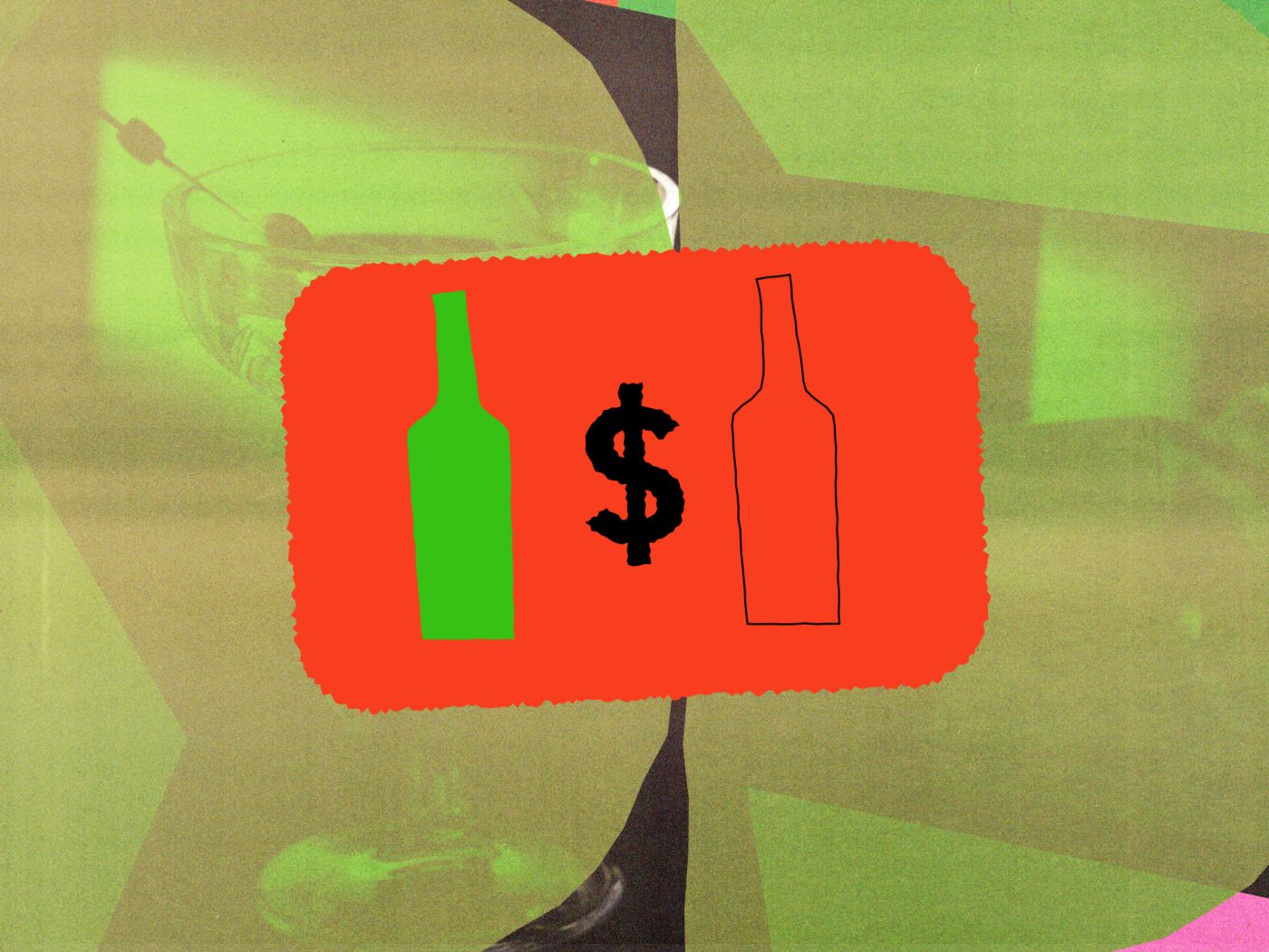 An illustration of a red gift card with wine bottles and a dollar sign 