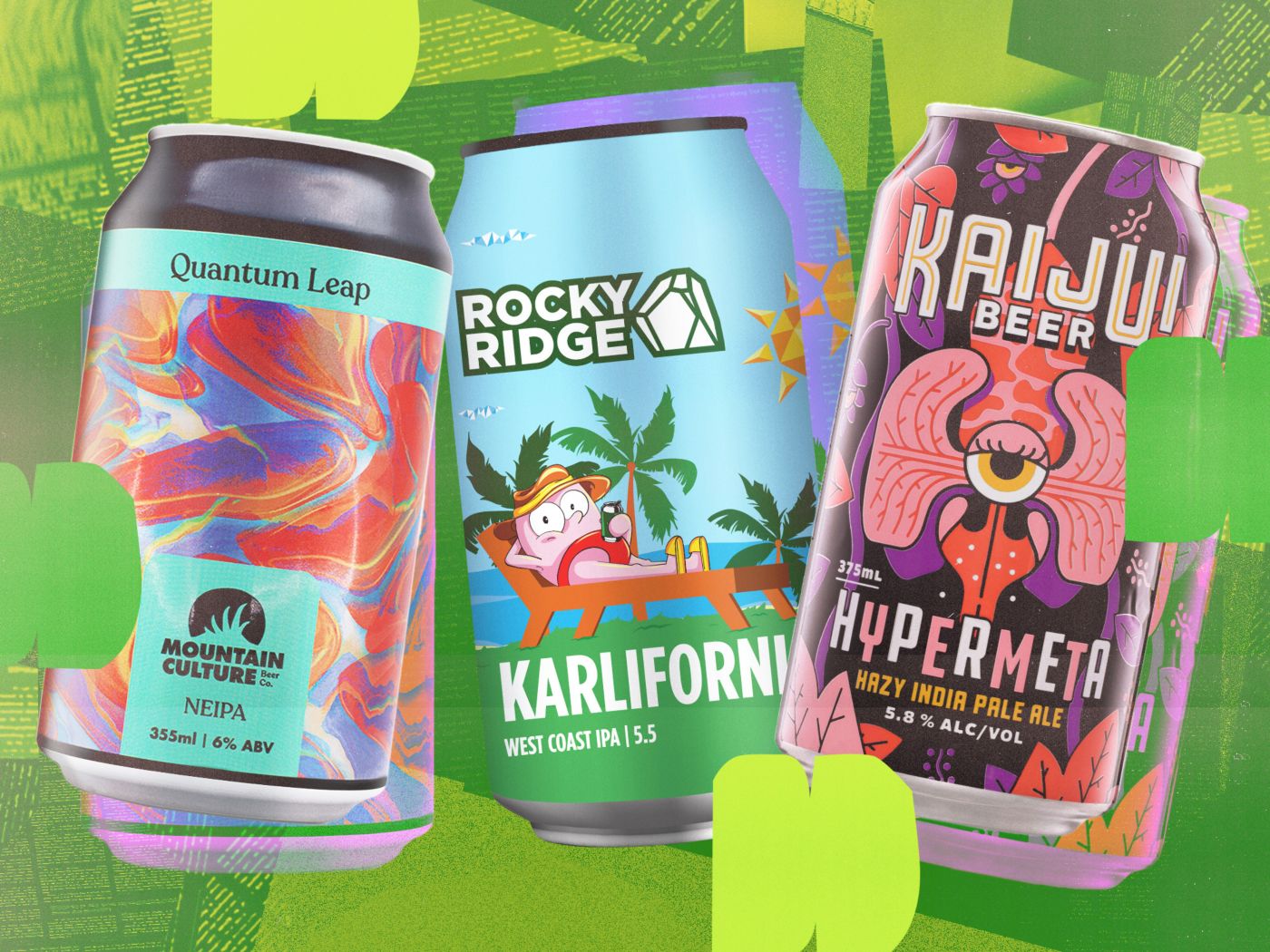 Three cans of craft beer against a green background