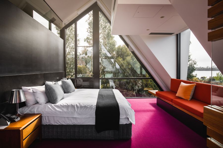 The bedroom in one of the pavilions at MONA, Hobart