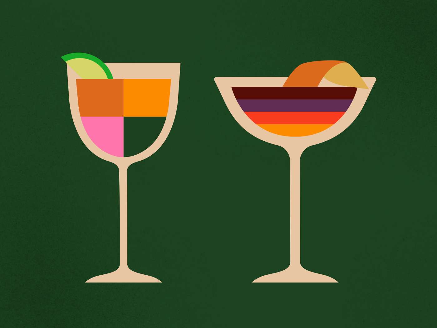 An illustration of two cocktails, each with four equal parts
