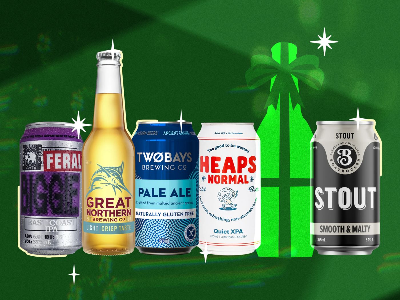 Various beers against a festive green background