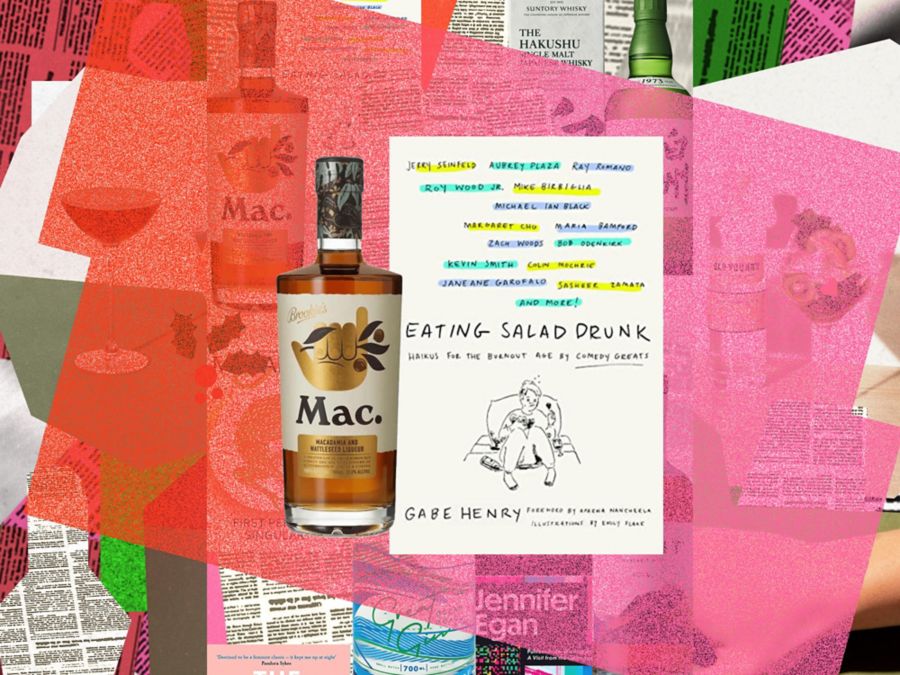 A novel and Brookie’s Mac. Liqueur bottle