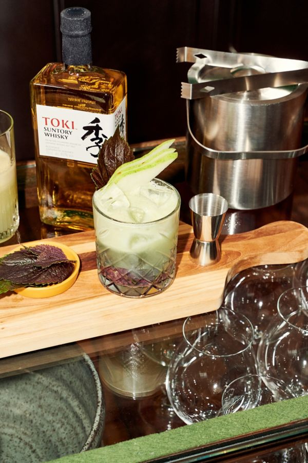 The Whisky Pear, garnished with a pear fan and shiso leaf, with Toki Suntory Whisky 