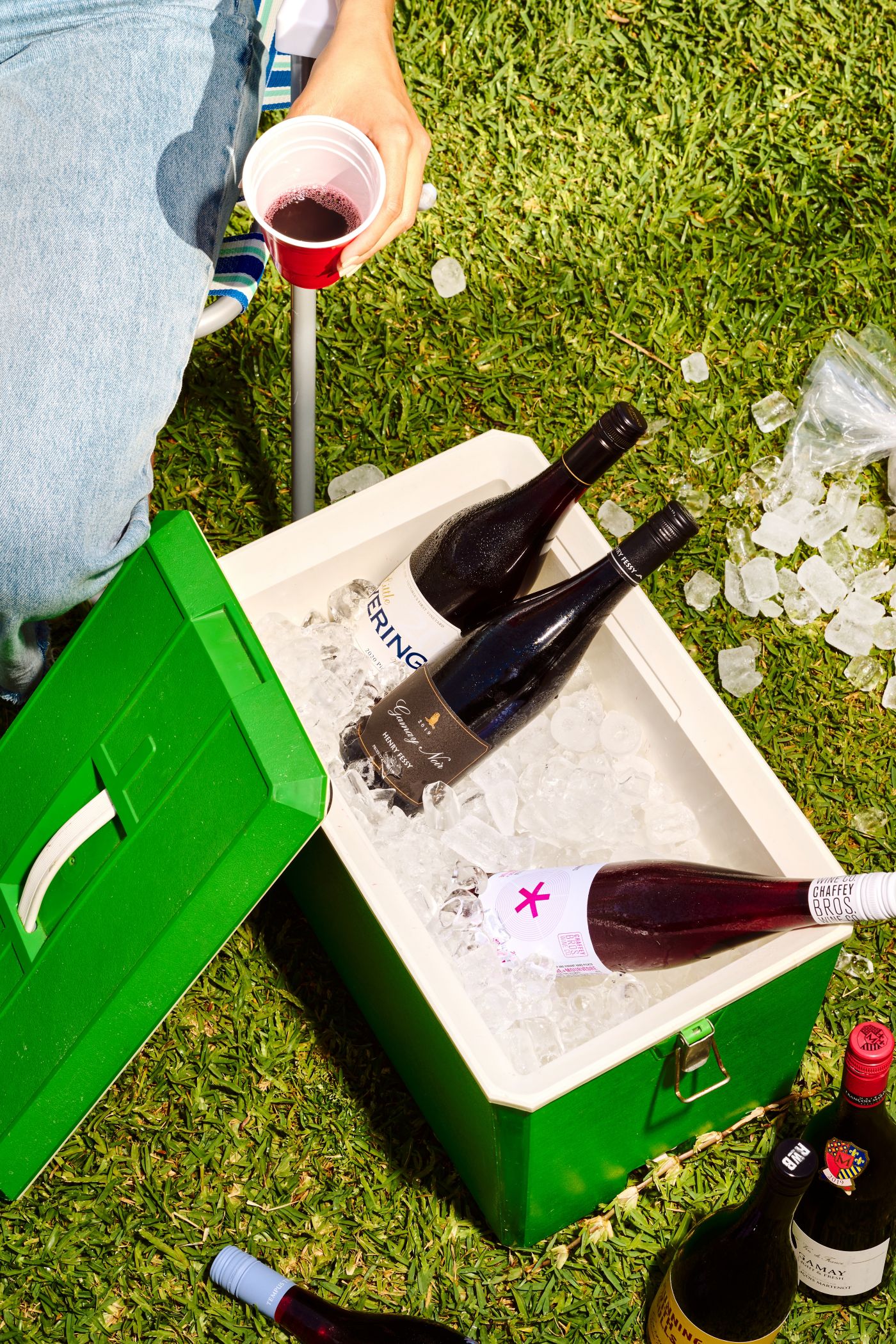 Several red wines in an esky full of ice