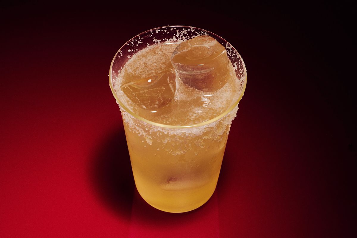 The Apple Cider Margarita with a salt-rimmed glass