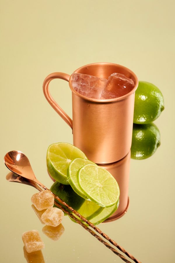 A Moscow Mule cocktail in a copper mug