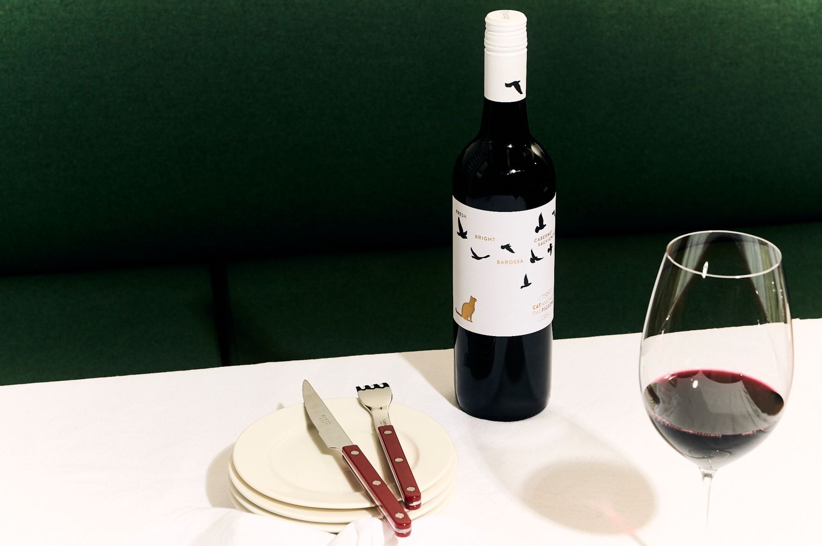 The Cat Amongst the Pigeons Cabernet Sauvignon on a restaurant table