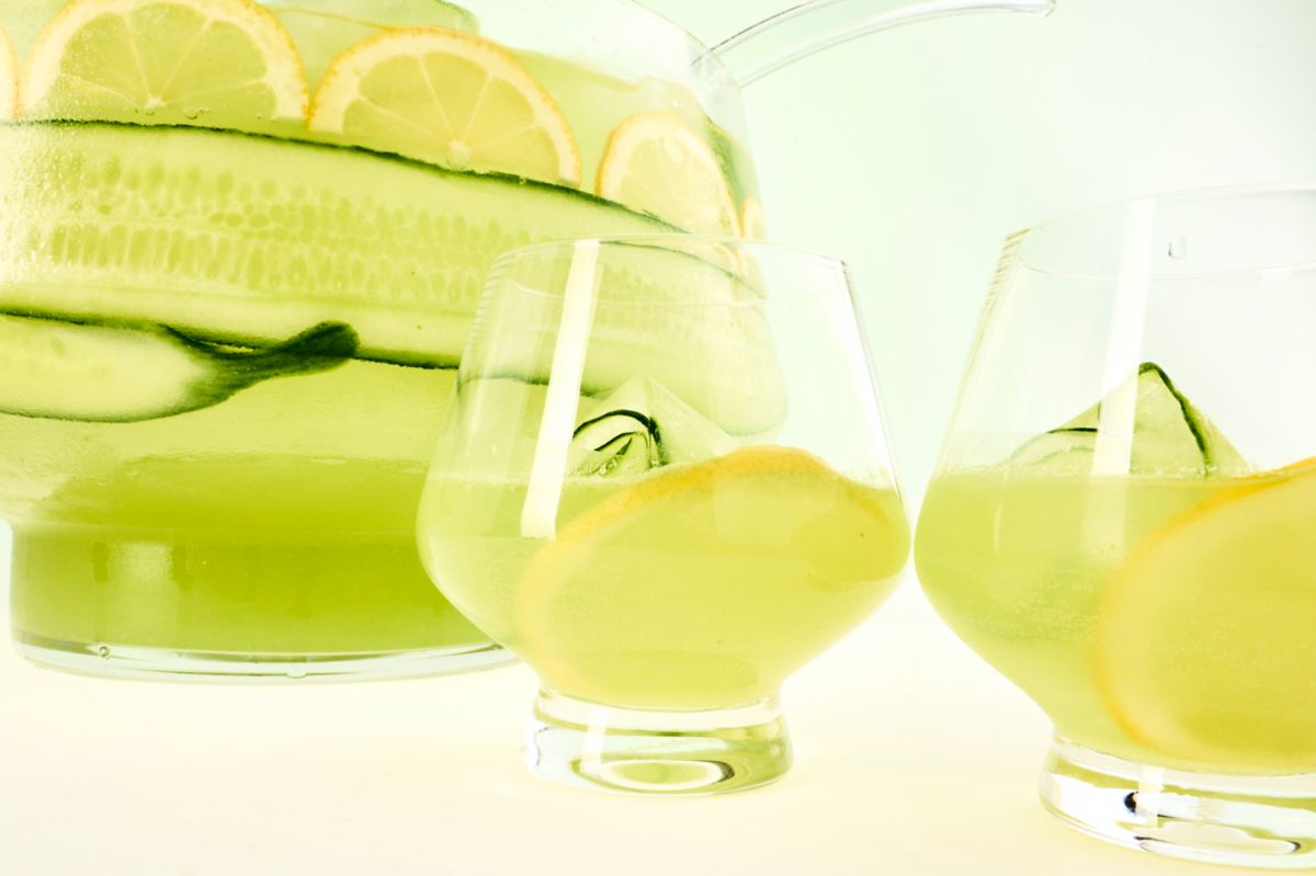 Up close in the glass of the White Linen cocktail, which combines gin, elderflower and cucumber 