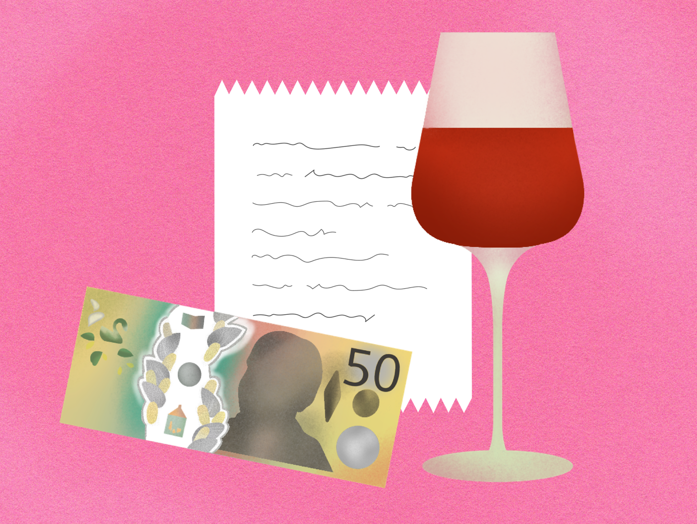 An illustrated $50 note, shopping list and glass of red wine