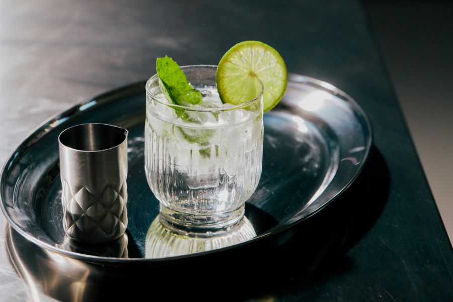 A glass of Gin and Tonic with ice cubes