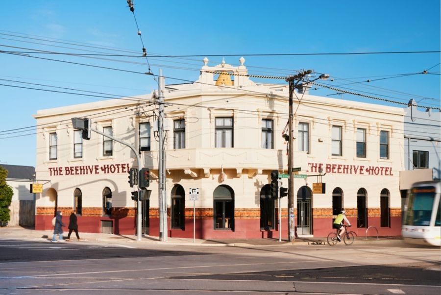 A beehive sits at the top of The Beehive Hotel in Melbourne 