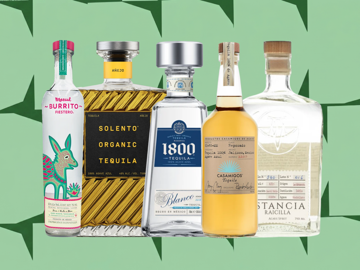 Five bottles of agave spirits against an illustrated green background